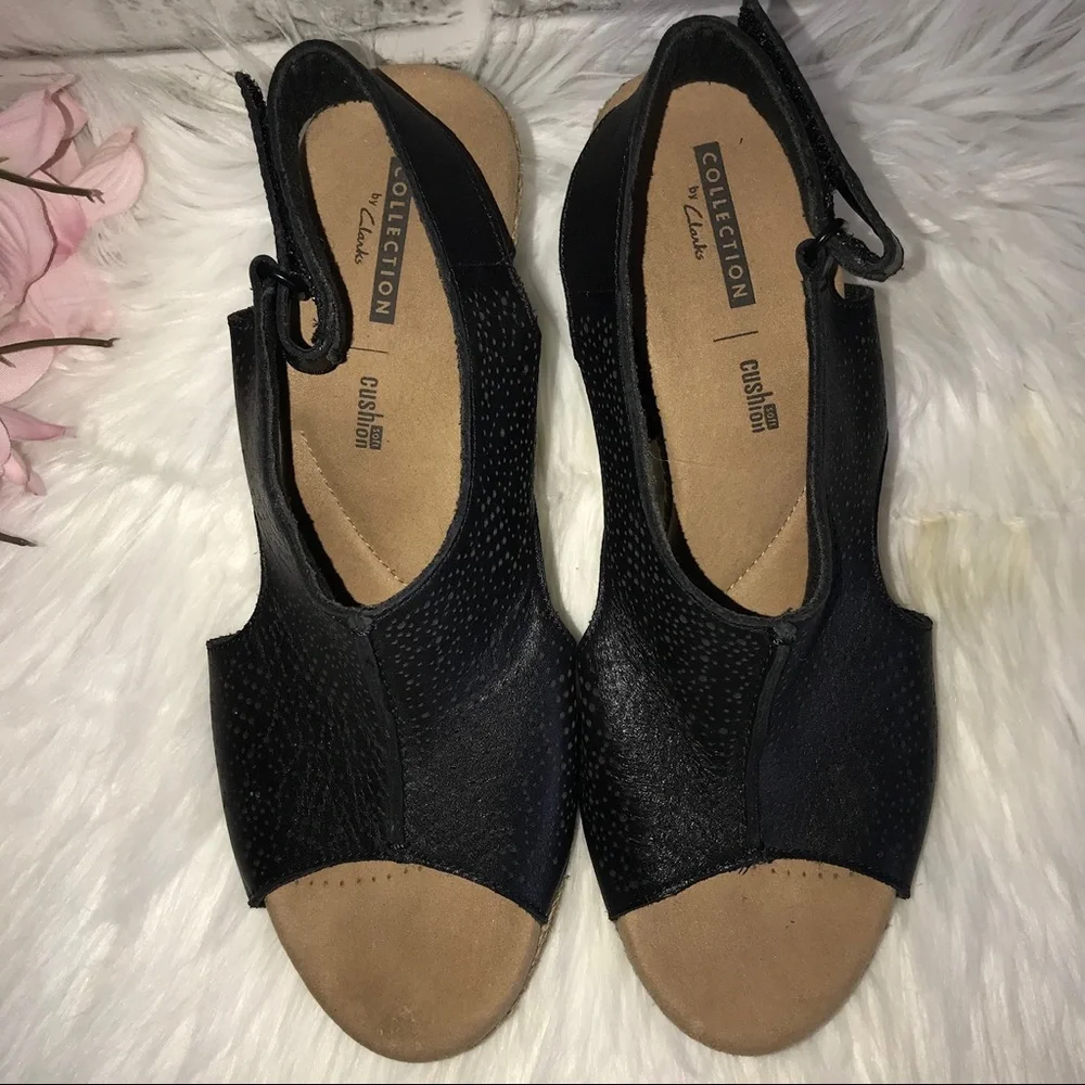 Clarks Black Leather Espadrille Wedge Sandals